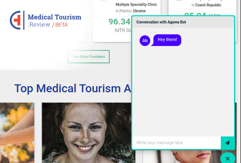AgamaBot chat widget embedded on the Medical Tourism Review beta website.