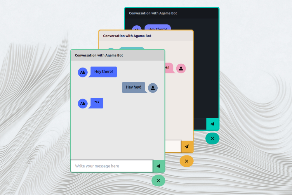 Three AgamaBot chat widgets with different color themes.
